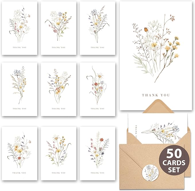 AUDREE Wildflower Thank You Cards with Envelopes (50 Pack 3.5" x 5.2") – Floral Thank You Notes with Adhesive Envelopes & ...