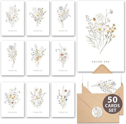 AUDREE Wildflower Thank You Cards with Envelopes (50 Pack 3.5" x 5.2") – Floral Thank You Notes with Adhesive Envelopes & ...