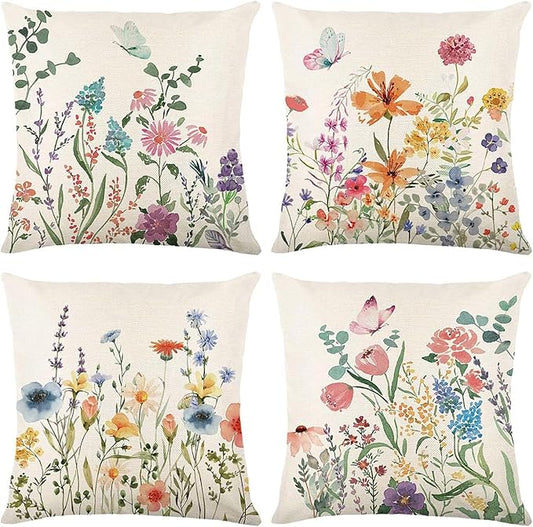 ONFAON Spring Summer Pillow Covers 20x20 Set of 4,Floral Seasonal Summer Outdoor Decoration Pillowcase Linen Cushion Cover...