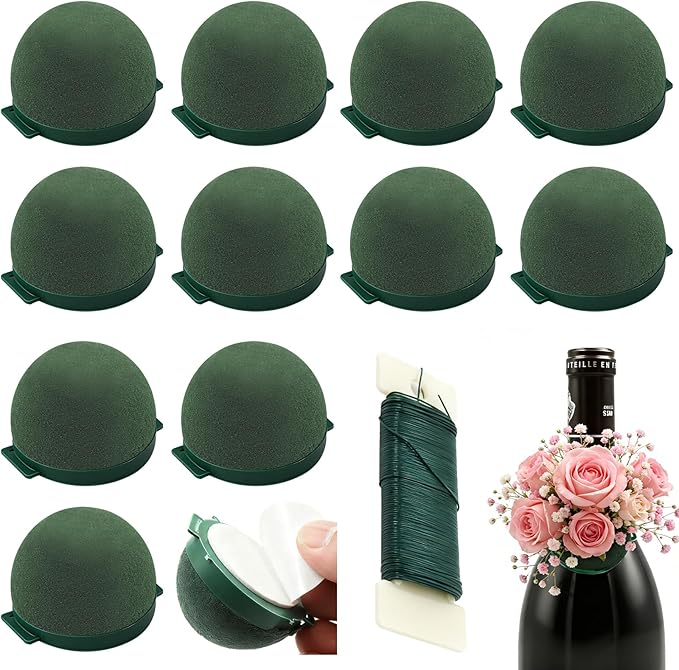 12 Pack Floral Foam Round, Green Mini Flower Holder Supplies Florist Form Blocks for Wine Bottle Decor, Wedding Birthday C...