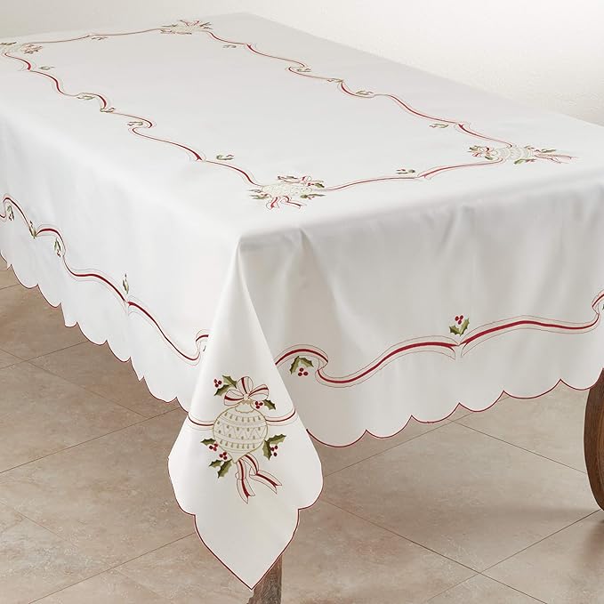 SARO LIFESTYLE 8532.I65120B Holiday Ornamental Collection Embroidered Christmas Tablecloth, 65" x 120", Ivory