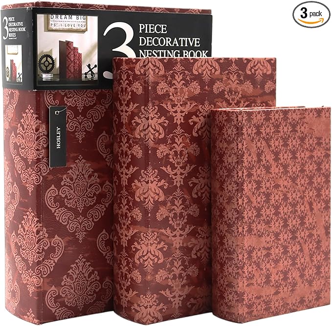 Hosley Farmhouse Memory Book Boxes Set of 3, Red Brown & Gold, Decorative Nesting Storage Boxes 12 10 8 Inch, Faux Leather...