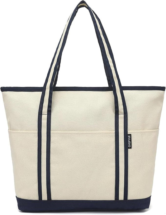 QYEPYUE Large Canvas Tote Bag for Women, Beach Bag with Zipper, Utility Tote Bag with 3 Front Pockets, Weekender Pool Bag
