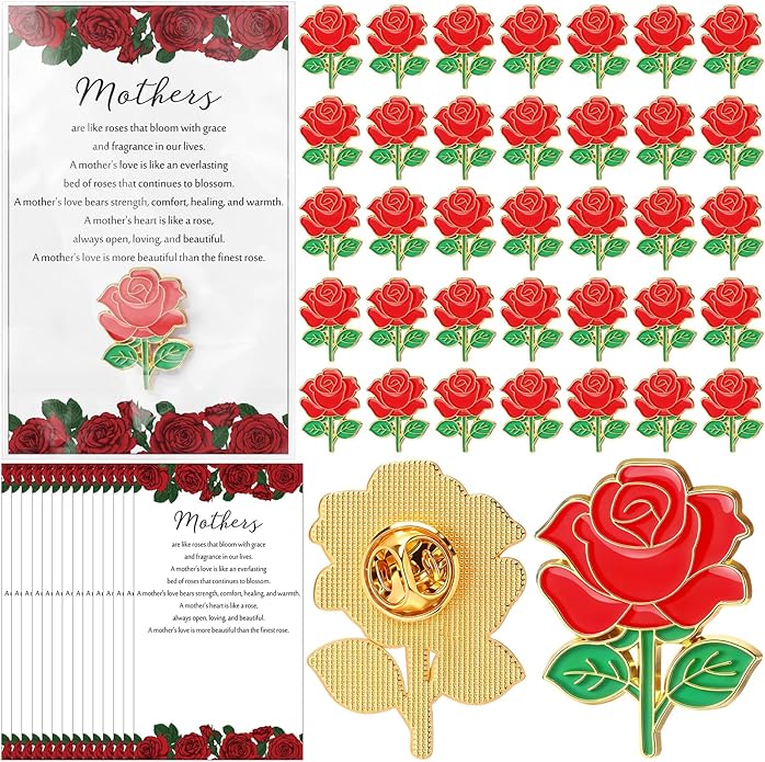 Liliaafar Mother's Day Rose Pin Gifts Red Rose Flower Lapel Pin Enamel Brooch with Inspirational Praise Card Church Gifts ...