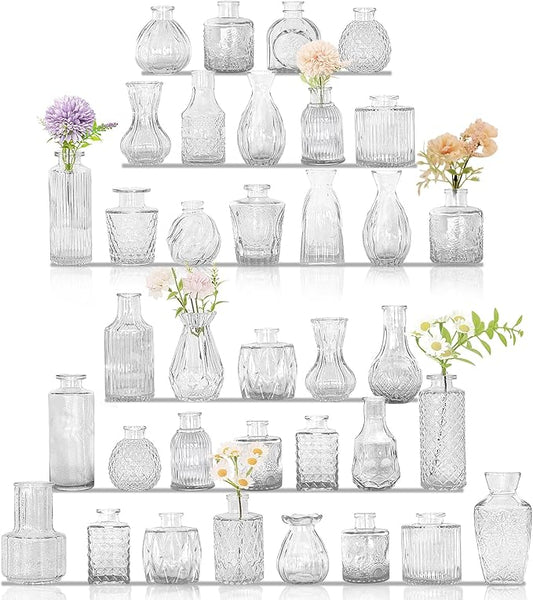 36Pcs Bud Vases Set Small Vintage Glass Bottles Clear Bud Vases in Bulk Multiple Shape Cute Glass Vases for Rustic Wedding...