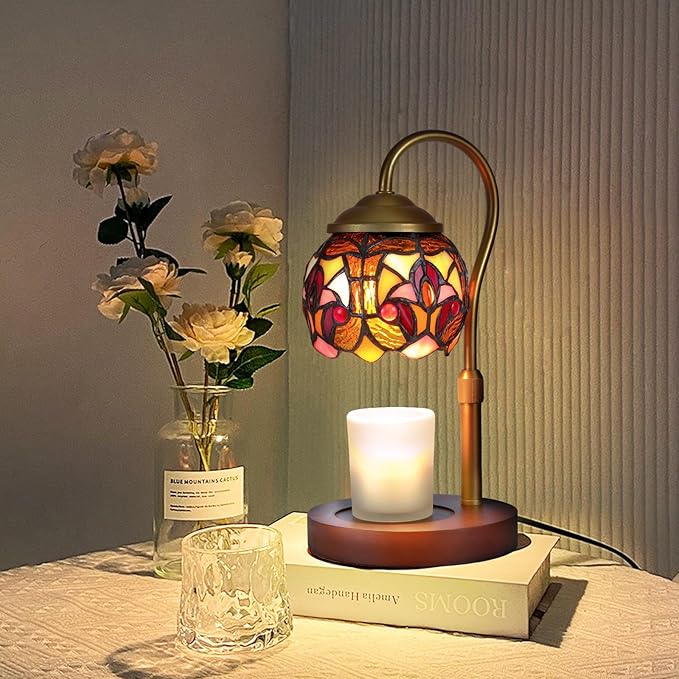 GlitzLamp Baroque Tiffany Style Candle Warmer Lamp with 2 Bulbs - Handcrafted Stained Glass, Height-Adjustable, Timer & 4 ...