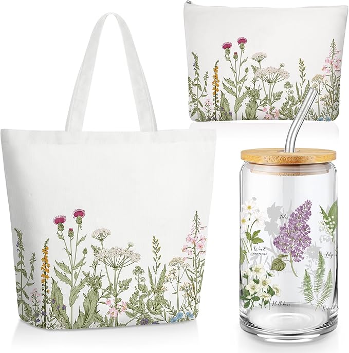 FoldTier 3 Pcs Plant Lover Gift for Mother's Day, Spring Aesthetic Gift for Women, Floral Canvas Tote Bag, 16 oz Coffee Cu...