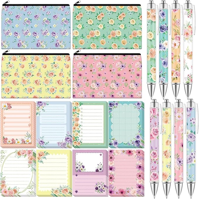 Eaasty 20 Pieces Flower Gift for Women Sticky Notes with Floral Pens, Pencil Bags Makeup Bags, 3 x 4 Inches Cute Note Pad...