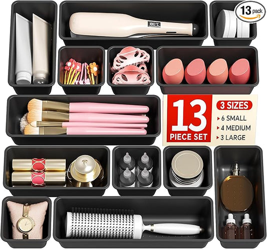 Canfanni 13 Pack Plastic Drawer Organizers Set, 3 Sizes Desk Drawer Organizer Trays for Vanity and Makeup Organizer, Organ...