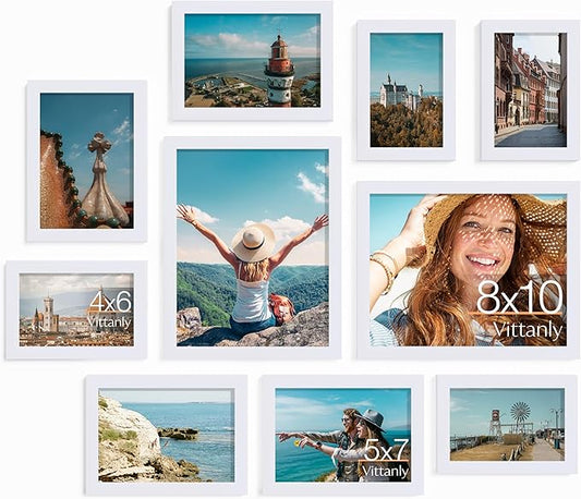 Vittanly 10 Pack Picture Frames Collage Wall Decor, Gallery Wall Frame Set for Wall or Tabletop Display, Engineered Wood a...