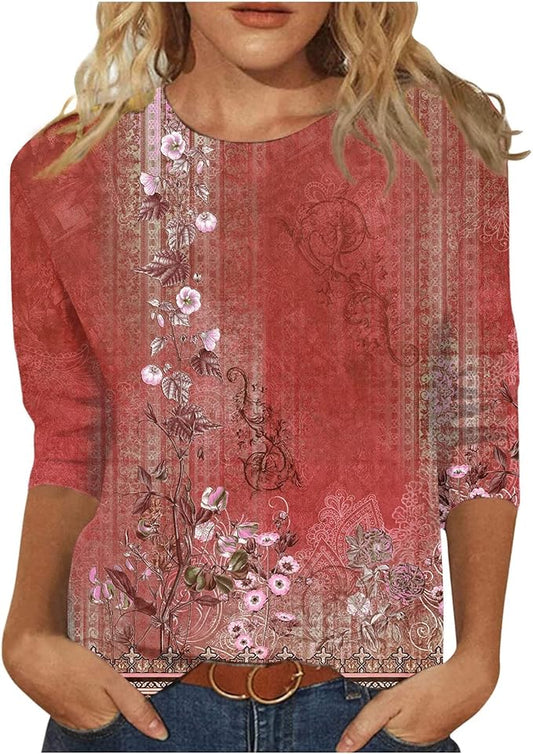 3/4 Length Sleeve Womens Tops 2024 Floral Print Vintage Fashion Casual Loose with Round Neck Plus Size Shirts
