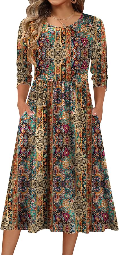 Zeagoo 3/4 Sleeve Women's Dress Casual Flowy A-Line Midi Tshirt Dresses with Pockets Crewneck Vocation Boho Beach Sundress