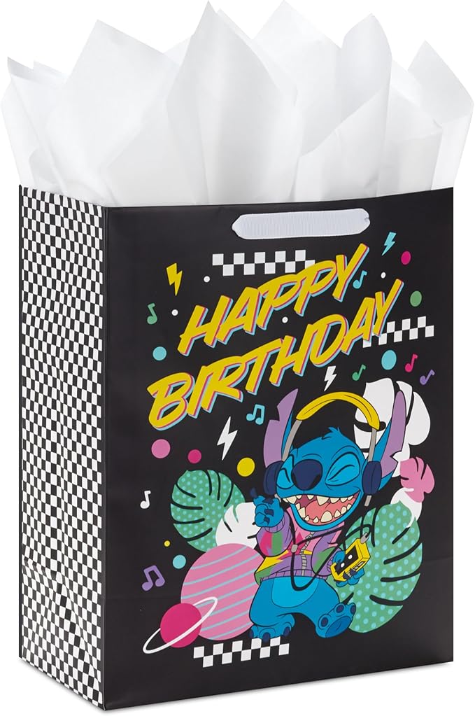 Hallmark Disney 13" Large Birthday Gift Bag with Tissue Paper (Lilo and Stitch) for Kids, Grandchildren, Friends