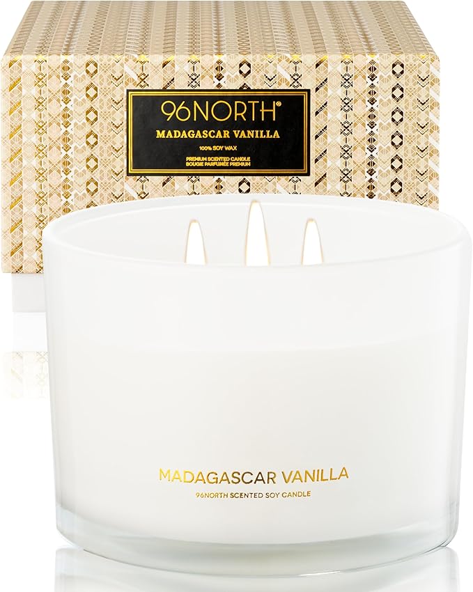 96NORTH Luxury Vanilla Soy Candles | Large 3 Wick Jar Candle | Up to 50 Hours Burning Time | 100% Natural Soy Wax | Relaxi...