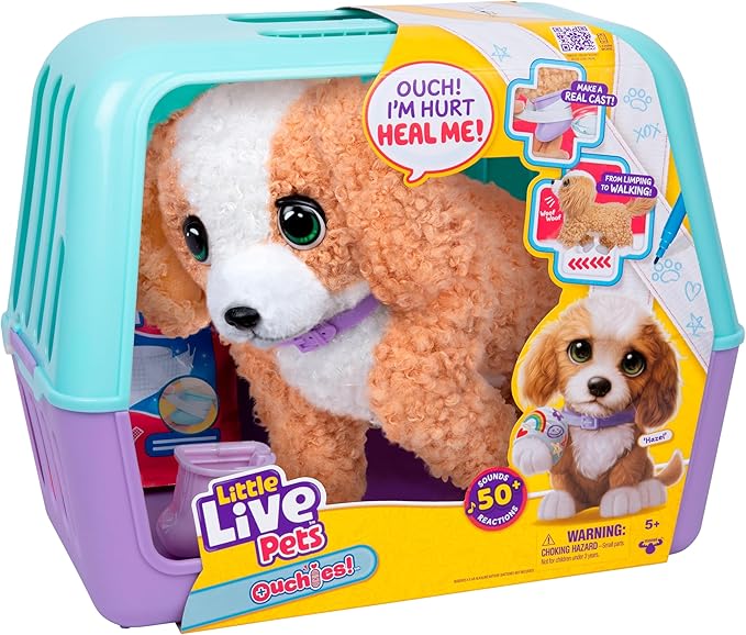 Little Live Pets Ouchies Amazon Exclusive Hazel The Poodle Plush, 50+ Sounds, Limping to Walking Puppy Toy & Carrier, Inte...