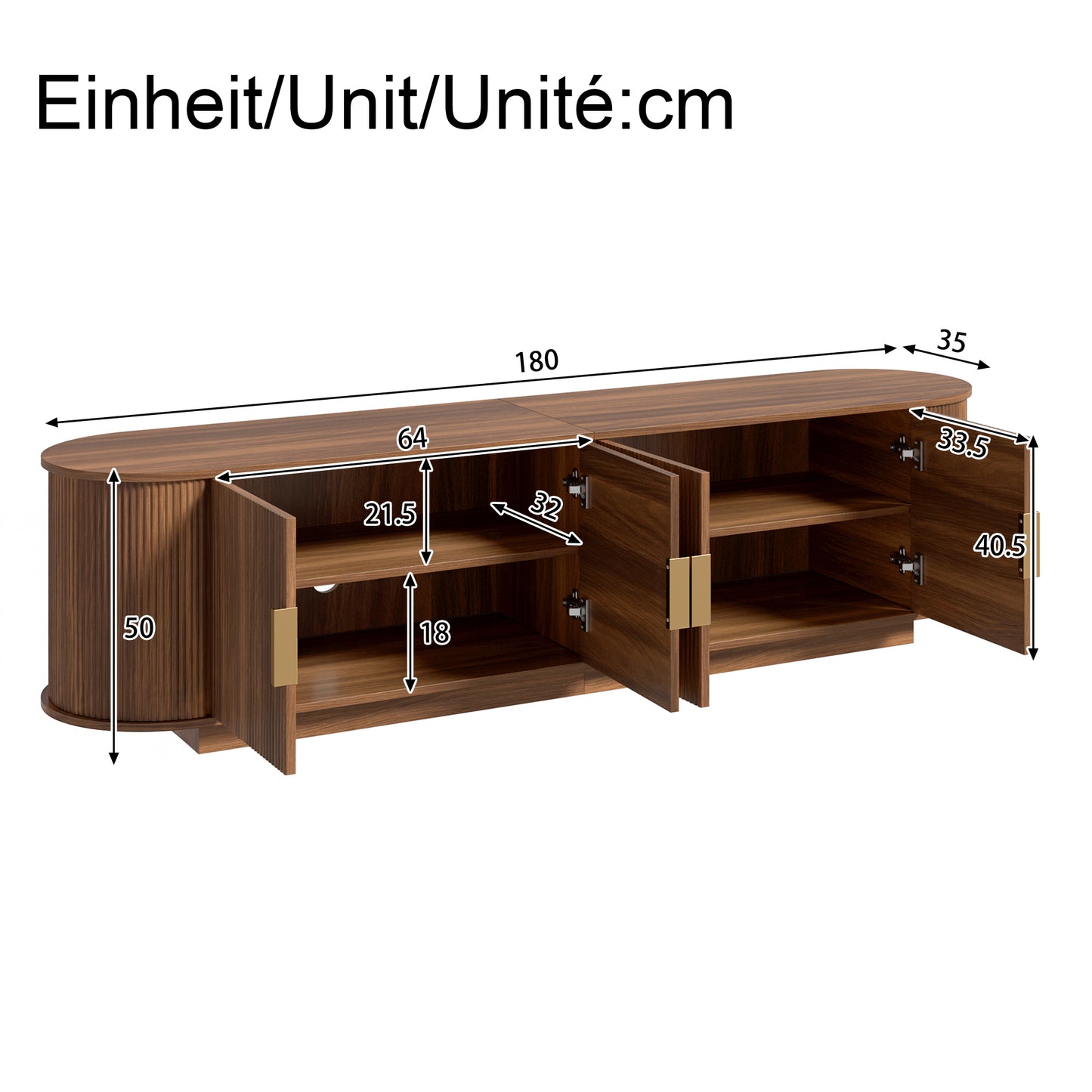 TV Cabinet, Lowboard, Wave Structure, Chipboard MDF Body, Metal Handles, 4 Doors, Spacious Storage Space