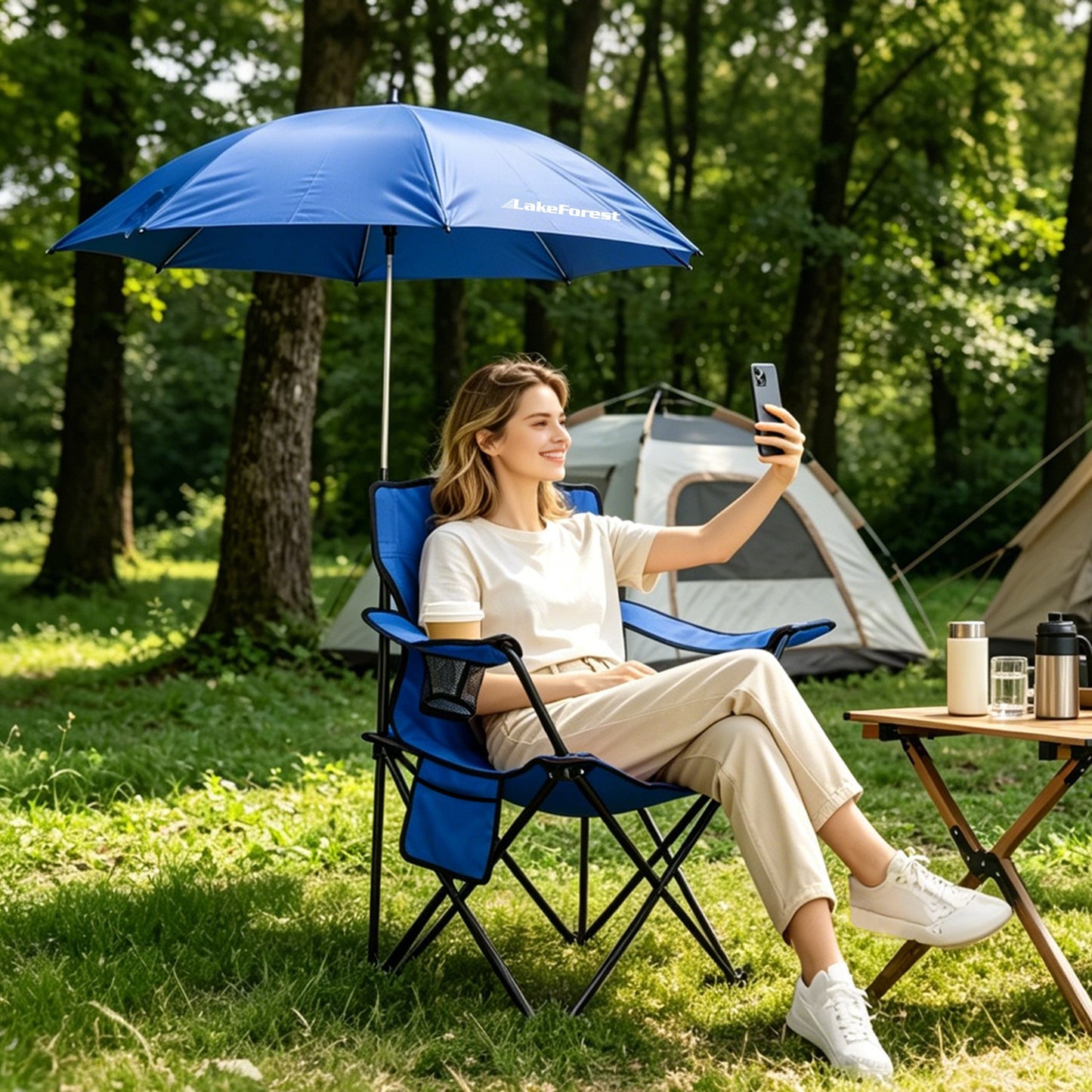 1Pc Camping Chair With Umbrella Lightweight Foldable Outdoor Chair With Cup Holder Detachable Sun Canopy Carrying Bag 330LBS Max Load For Beach Picnic Travel Concert Outdoor Activities