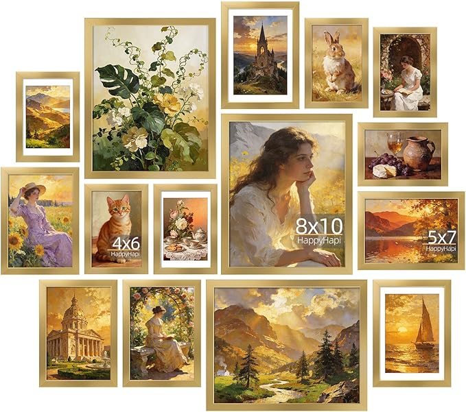 HappyHapi 15 Pack Gold Picture Frames Collage Wall Decor, Gallery Wall Frame Set for Mounting & Tabletop Display, Multi Si...