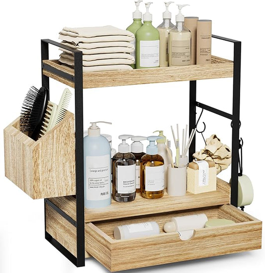Aollewoiti 2-Tier Bathroom Counter Organizer with Drawer and Basket, Wood Countertop Organizer for Storage, Skincare Organ...