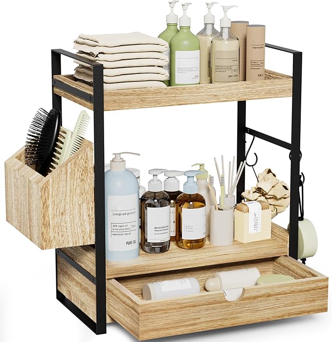 Aollewoiti 2-Tier Bathroom Counter Organizer with Drawer and Basket, Wood Countertop Organizer for Storage, Skincare Organ...