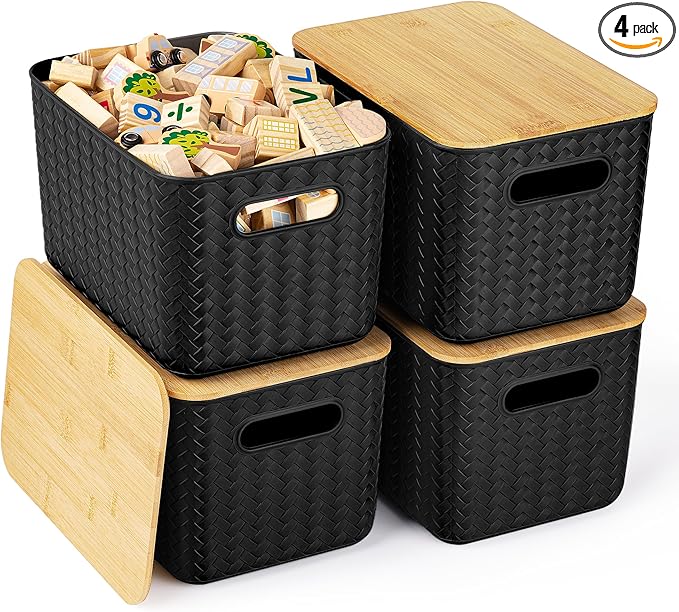 Ohmlove 4 Packs Storage Bins with Bamboo Lids - Plastic Storage Containers with Lids Stackable Storage Box: Storages Baske...
