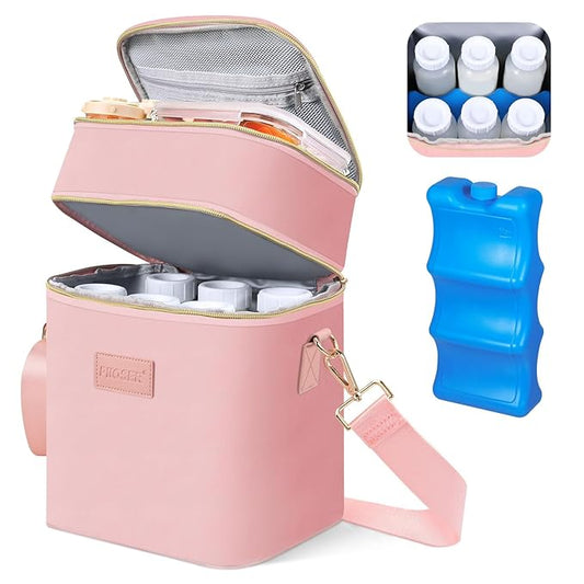 PIIOSER Breastmilk Cooler Bag with Ice Pack Fits 6 Baby Bottles Up to 9 Ounce, Insulated Baby Bottle Tote Bags, Double Lay...