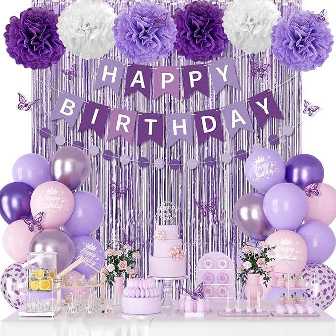 Purple Birthday Decorations for Women Girls, Lavender Pink Confetti Metallic Printed Balloons Butterfly Stickers Fringe Cu...