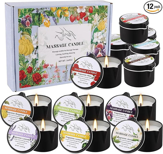 12pcs Massage Oil Candle,Moisturising Natural Soybeans Gift Sets,1oz Low Temperature Body Oil Scented Candles for Home Spa...