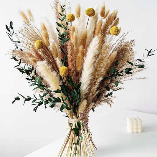 Boho Dried Flowers Bouquet – Olive Green Wall Decor, Pampas Grass Bouquet, Rustic Flower Arrangement, Moody Office & Bedro...