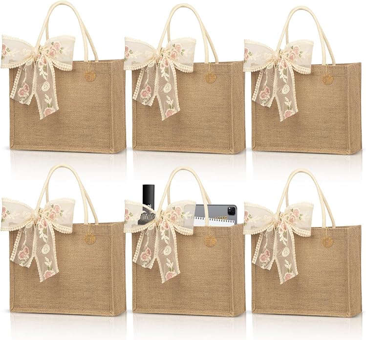 Burlap Jute Tote Bags with PE Lined Water-Resistant Interior, 13x9x5 Inch Reusable Bag for Beach,Shopping, Bridesmaid Gift