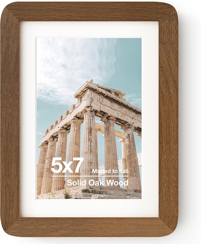 FLYJOE 5x7 Solid Oak Wood Photo Frame | 5x7 Picture Frame With Mat For 4x6 | Plexiglas And Hanging Hardware Included | Wal...