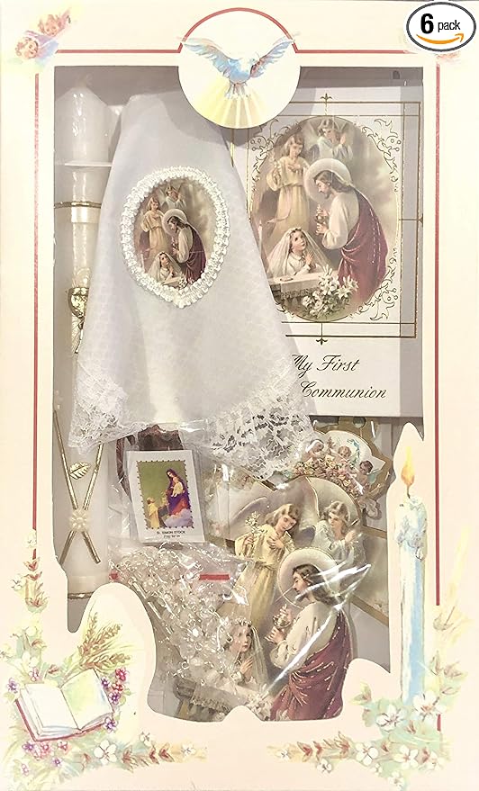 New Girls First Holy Communion Complete Candle Gift 6 Pc Set Cross Keepsake in English Rosary Boxed