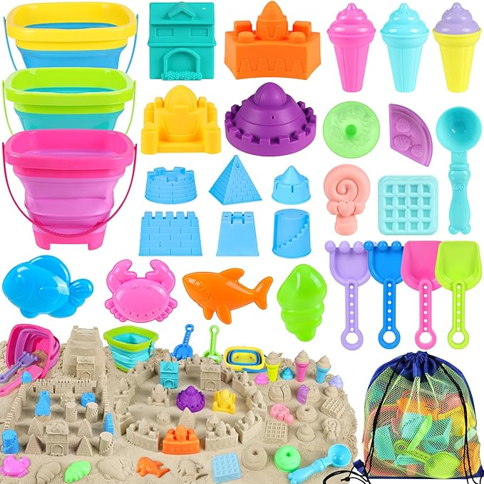 Collapsible Beach Toys for Kids Toddlers, 3 Foldable Buckets and Shovels Set, Sand Castle Building Kit, Ice Cream Travel S...