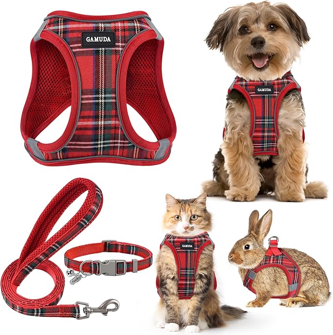GAMUDA Small Dog Harness Collar and Leash Set, Step in No Chock No Pull Soft Mesh Adjustable Dog Vest Harnesses Plaid Refl...