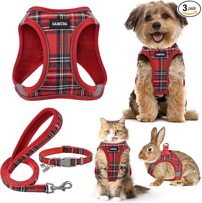 GAMUDA Small Dog Harness Collar and Leash Set, Step in No Chock No Pull Soft Mesh Adjustable Dog Vest Harnesses Plaid Refl...