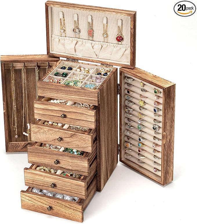 Poyilooo Jewelry Boxes for Women Girls, 9"x 5.9"x 12" Wooden 5-Layers Jewelry Organizer and Storage with Drawer, Suitable ...