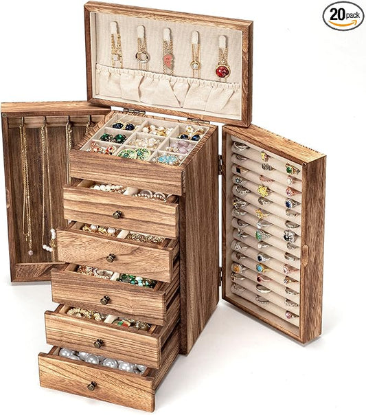 Poyilooo Jewelry Boxes for Women Girls, 9"x 5.9"x 12" Wooden 5-Layers Jewelry Organizer and Storage with Drawer, Suitable ...