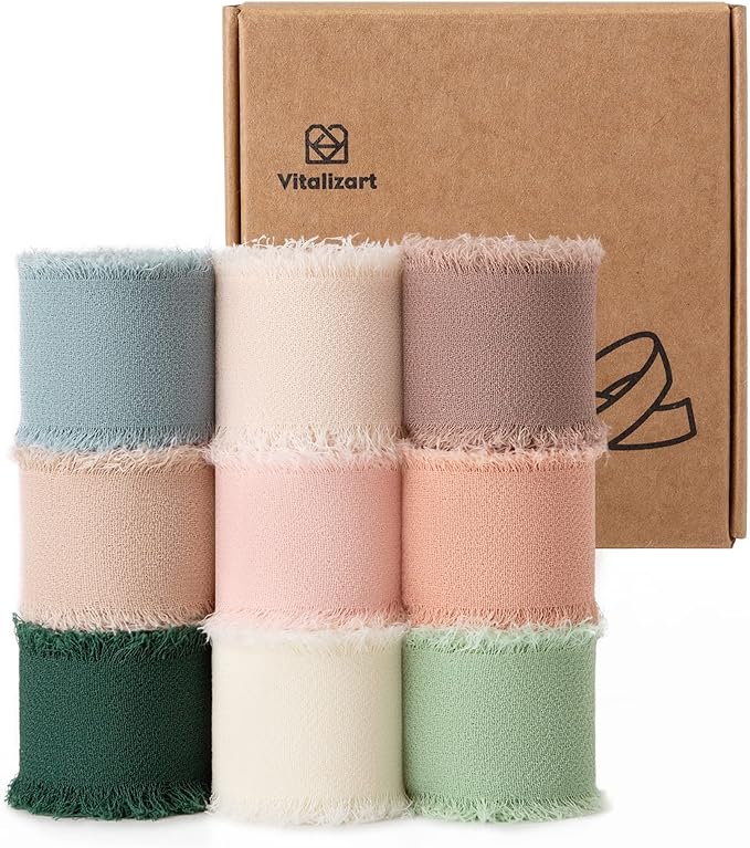 Vitalizart 1" x 27 Yd Chiffon Silk Ribbon Mixed Color Ribbons Set 3 Yd x 9 Rolls Fringe Fabric for Wedding Invitations Bri...