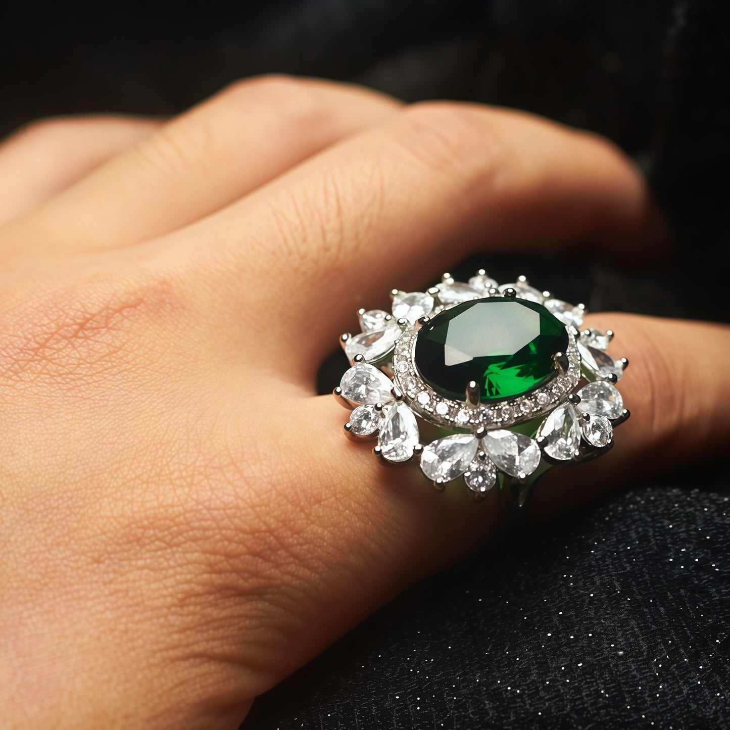 Oval Large Green Emerald CZ Multi-Petal Floral Halo Open Adjustable Statement Ring For Women, Copper Silver Plated Pear White Crystal Luxury Banquet Wedding Jewelry Gift