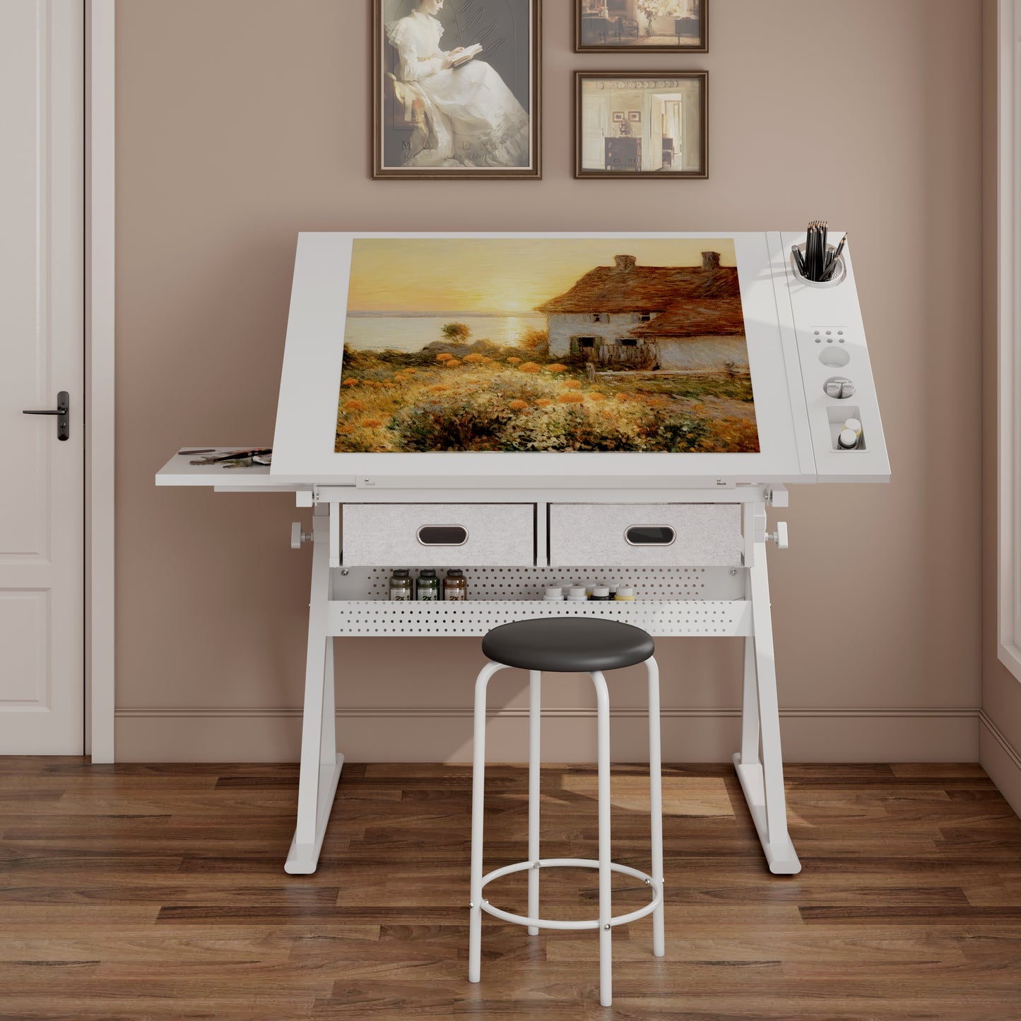 Adjustable Drawing Drafting Table Desk With 2 Drawers For Home Office And School With Stool  All White