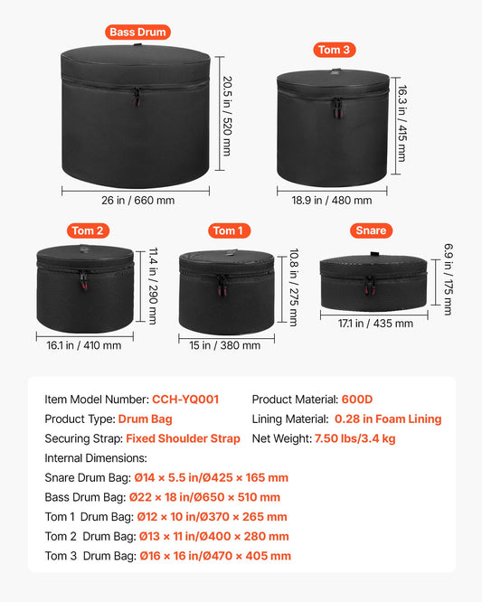 5-Piece Drum Case Set, 600D, Padded Drum Bags For 22 In Bass, 12/13/16 In Tom, 14 In Snare, Thick Padding, Lightweight Protective Covers Travel Storage Cases, For Drums Accessories Protection