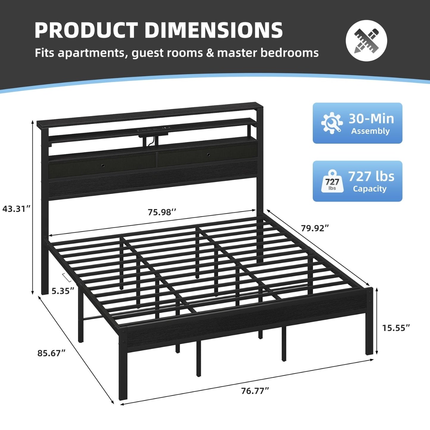 Full Bed Frame With Charging Station And LED Lights, Wood Headboard, 2 Fabric Drawers And Storage Shelves, Metal Slats, No Box Spring Needed