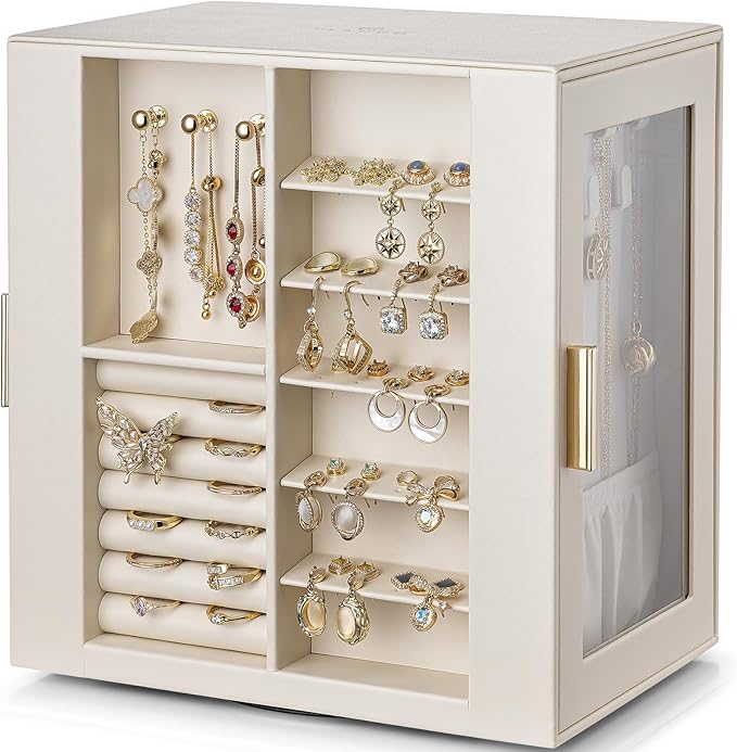 VLANDO 360ｰ Rotating Jewelry Box with 5 Drawers, Mothers Day Mom Gifts, Large Jewelry Storage with 2 Glass Window, PU Leat...