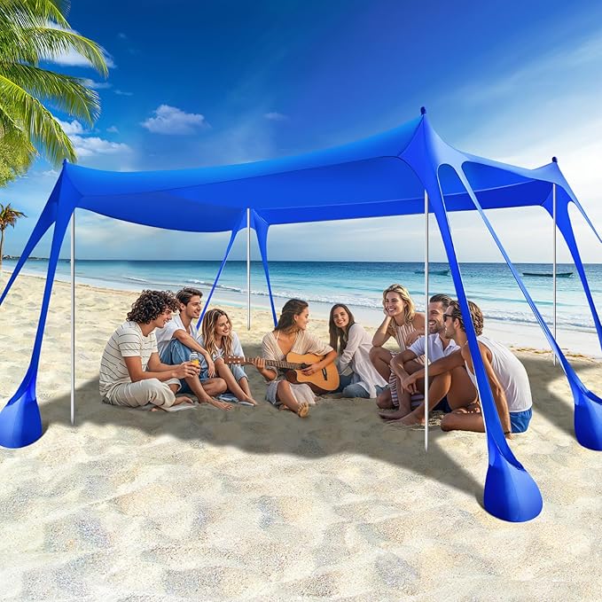Rhino Valley Beach Tent Shade Canopy UPF50+ Protection, 8 Sandbags, 4 Stability Poles, Outdoor Sun Shelter Umbrella for Sa...