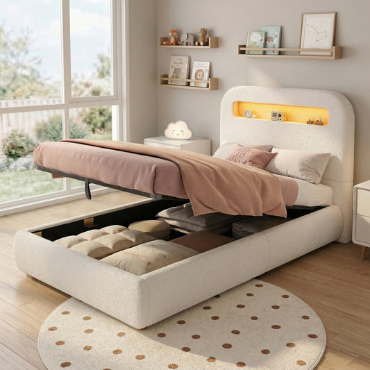 Upholstered Bed, Single Bed, Cot 90 X 200cm, Hydraulic Functional Bed, Bed With Slatted Base, Headboard And Large Storage Space, LED Lighting, Solid Wood Legs, White, Boucle