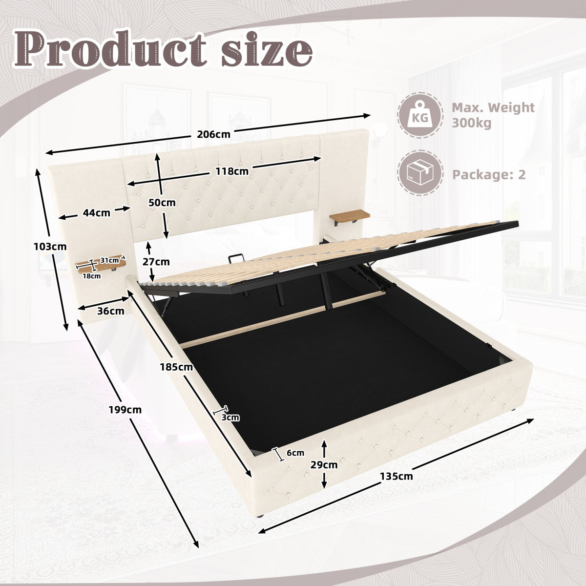Modern 135x190 Bed Frame With Wide Headboard, LED Lighting, USB-C Ports, Hydraulic Lift System, And Large Under-Bed Storage & Storage Shelves  Ideal For Bedrooms And Comfortable Sleep, Beige