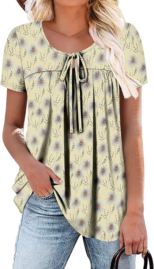 BETTE BOUTIK Womens Summer Tops Corded Short Sleeve Tunic Shirts Pleated Crewneck Corded Tops Blouses S-3XL