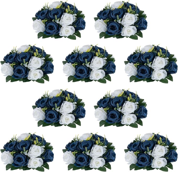 NUPTIO Artificial Flower Centrepieces for Tables - 10 Pcs Navy Blue & White Fake Flowers Roses Balls 9.5in Diameter - Silk...