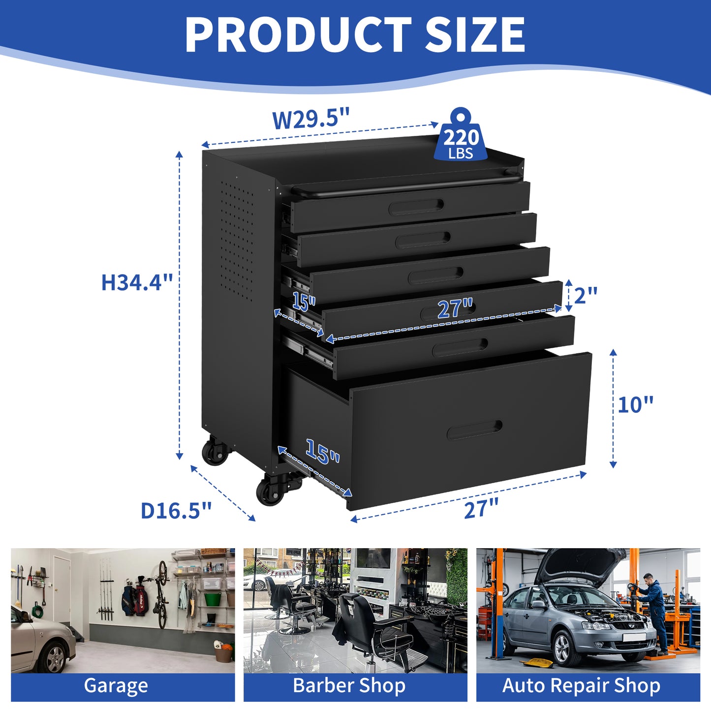 34.3  Rolling Tool Chest With 6 Drawers - Mobile Garage Cabinet Organizer, All-Drawer Design For Small Parts & Tools, Heavy Duty Steel Construction