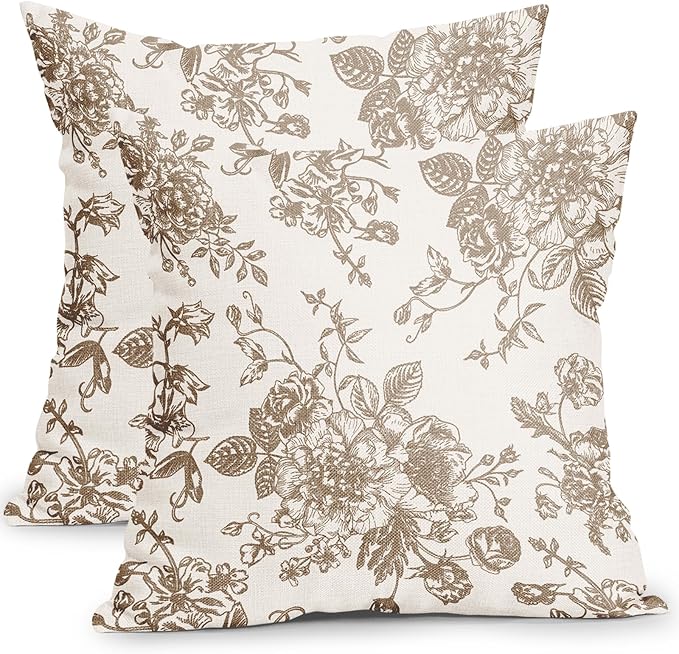 Vintage Floral Pillow Covers 18x18 Inch Set of 2 Tan and Cream Floral Throw Pillow Covers Chinoiserie Flower Pillowcases R...